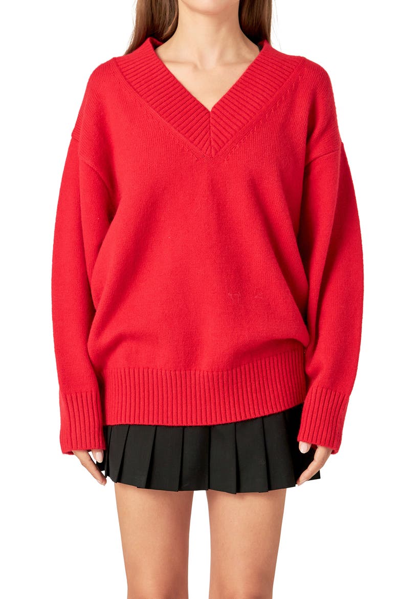 Oversize V-Neck Sweater, Main, color, RED