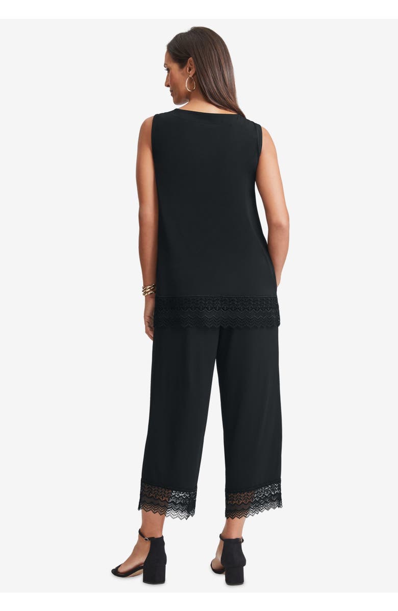 Jessica London 2-Piece Stretch Knit Lace Trim Crop Set, Alternate, color, Black