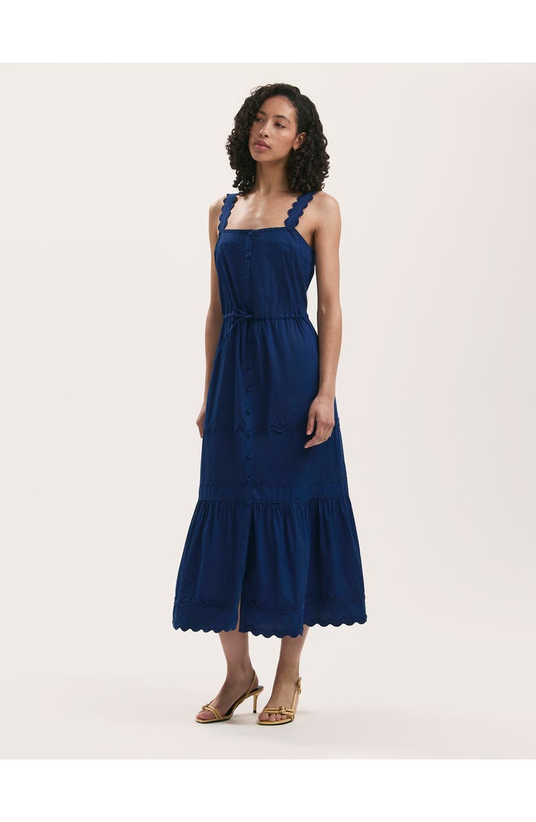 Finery London Hallie Cotton Ric Rac Detail Midi Dress, Main, color, Indigo