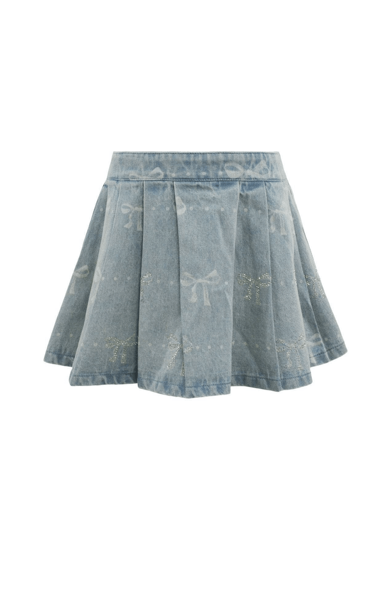 Lola + The Boys Sparkle Bows Denim Pleated Skirt, Main, color, Blue
