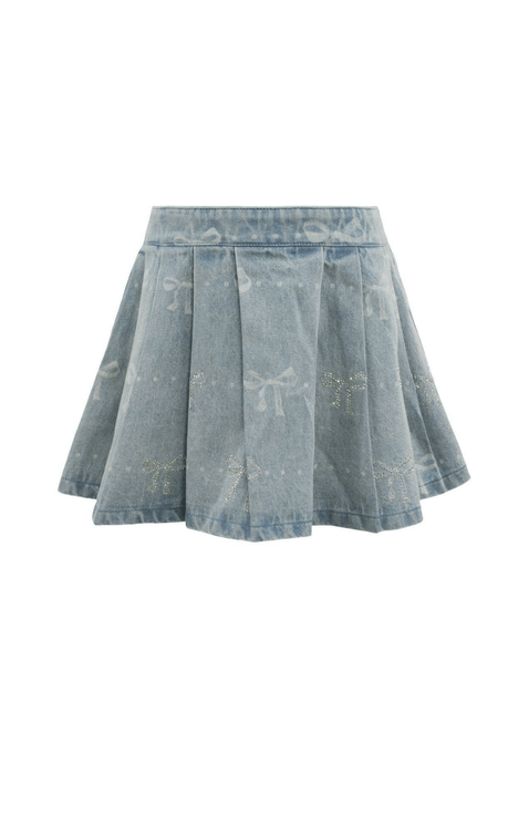 Sparkle Bows Denim Pleated Skirt