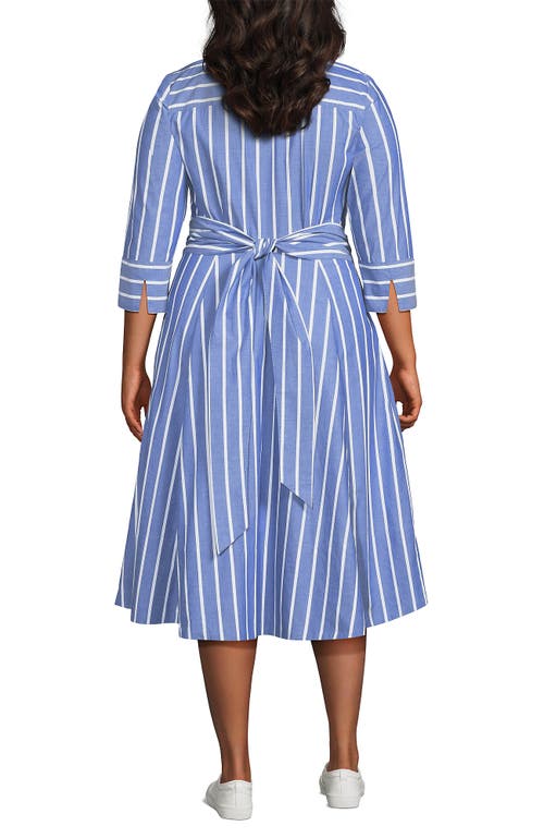 Lands' End Plus Size Poplin Midi Wrap Front Dress In Sapphire Gem Blue Broad Stripe