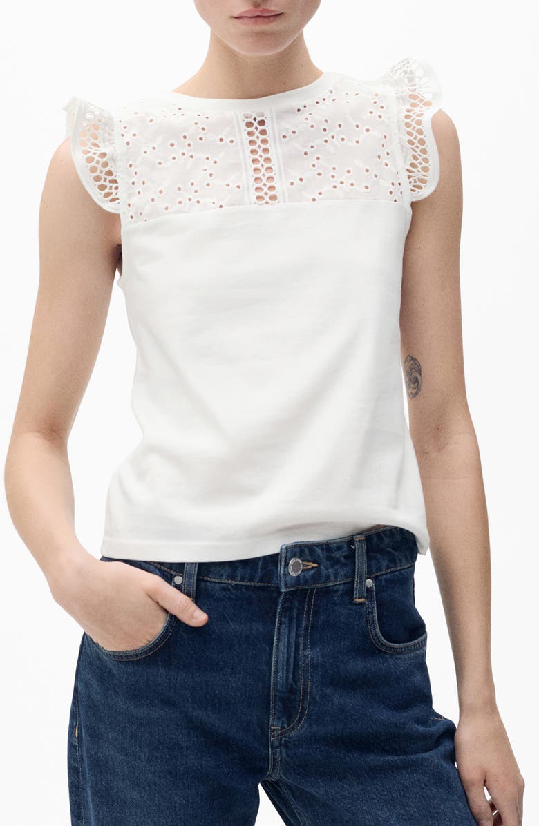 MANGO Embroidered Eyelet Accent Cotton Top, Main, color, White