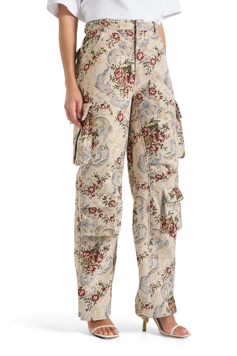 Emilie High Waisted Tapestry Cargo Pants, Main, color, Beige