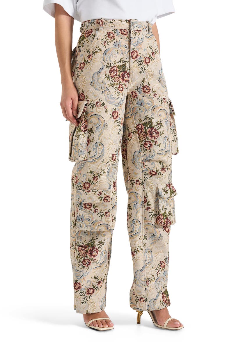 Manière De Voir Emilie High Waisted Tapestry Cargo Pants, Main, color, Beige