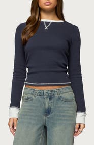 EDIKTED Rora Contrast Trim Cotton Blend Waffle Top
