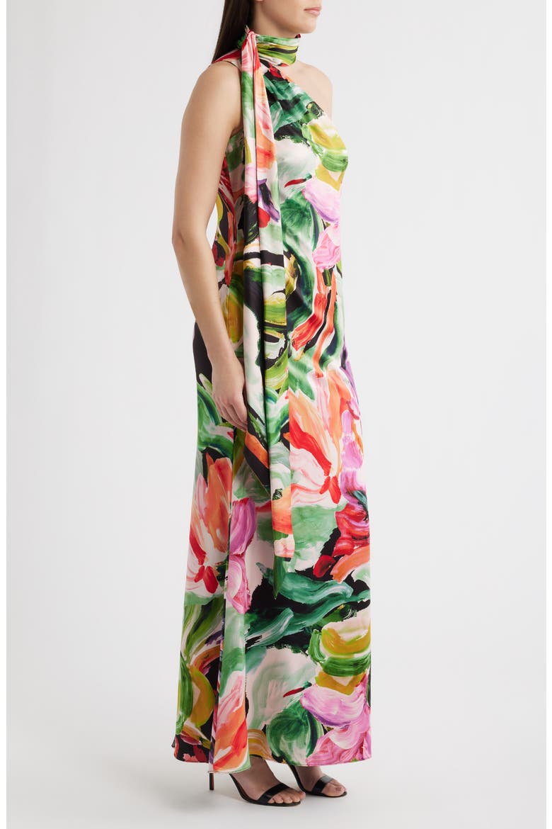 Abstract Painterly One-Shoulder Cocktail Dress, Alternate, color, GREEN/ BLACK MULTI