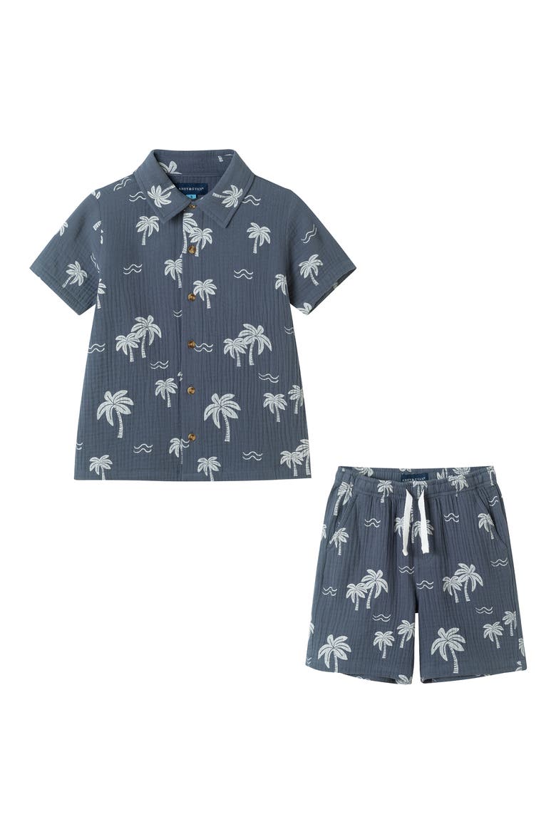Kids' Printed Cotton Gauze Button-Up Shirt & Shorts Set, Main, color, GREY
