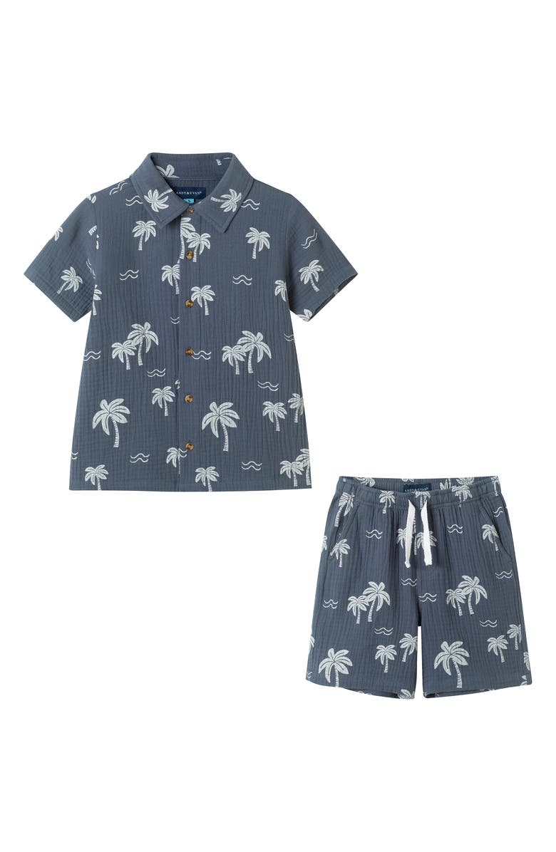 Andy & Evan Kids' Printed Cotton Gauze Button-Up Shirt & Shorts Set, Main, color, Grey