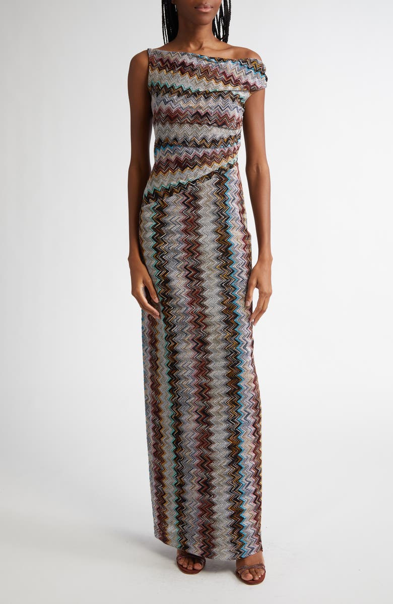 Missoni Metallic Zigzag One-Shoulder Dress, Main, color, 