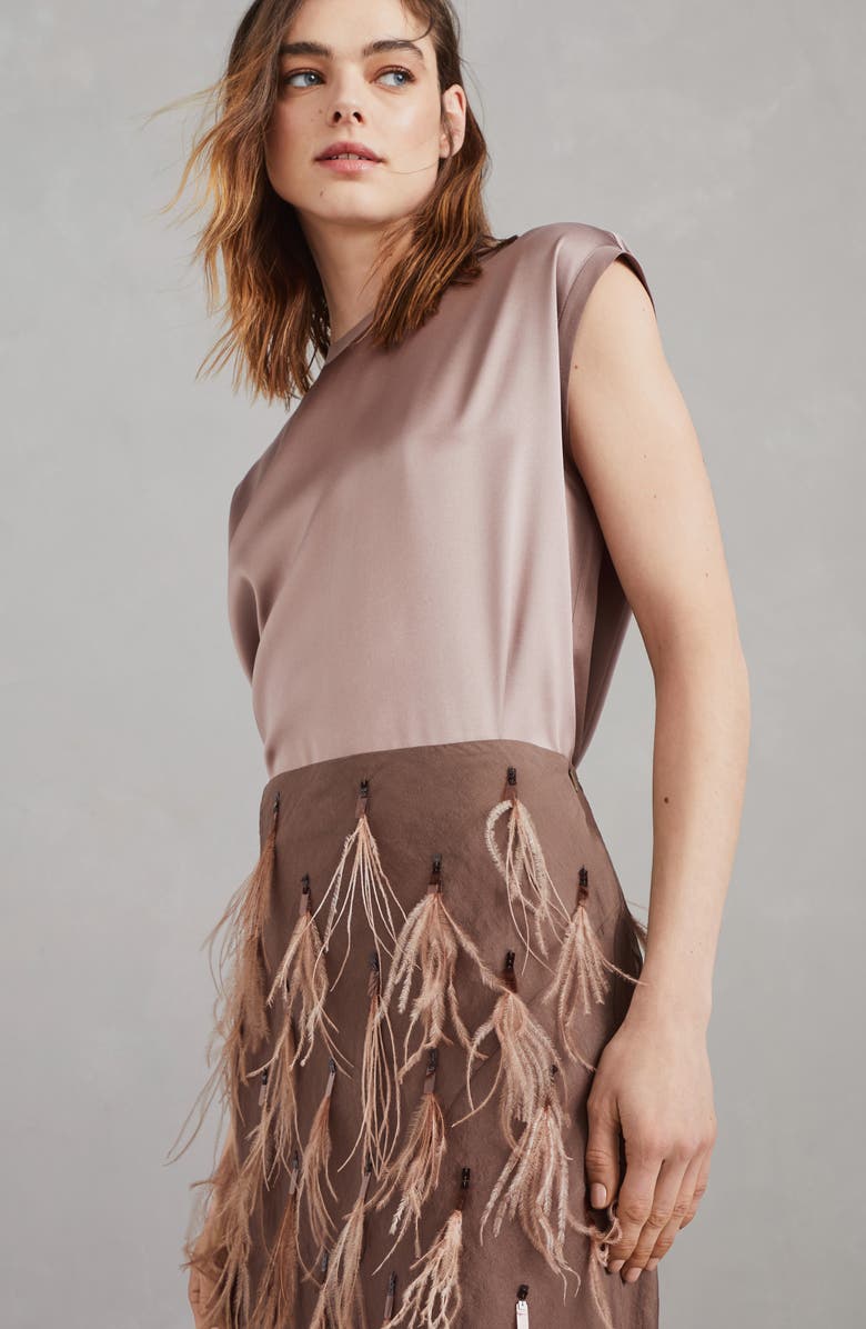 Brunello Cucinelli Crispy silk mermaid skirt with dazzling feather embroidery, Alternate, color, 