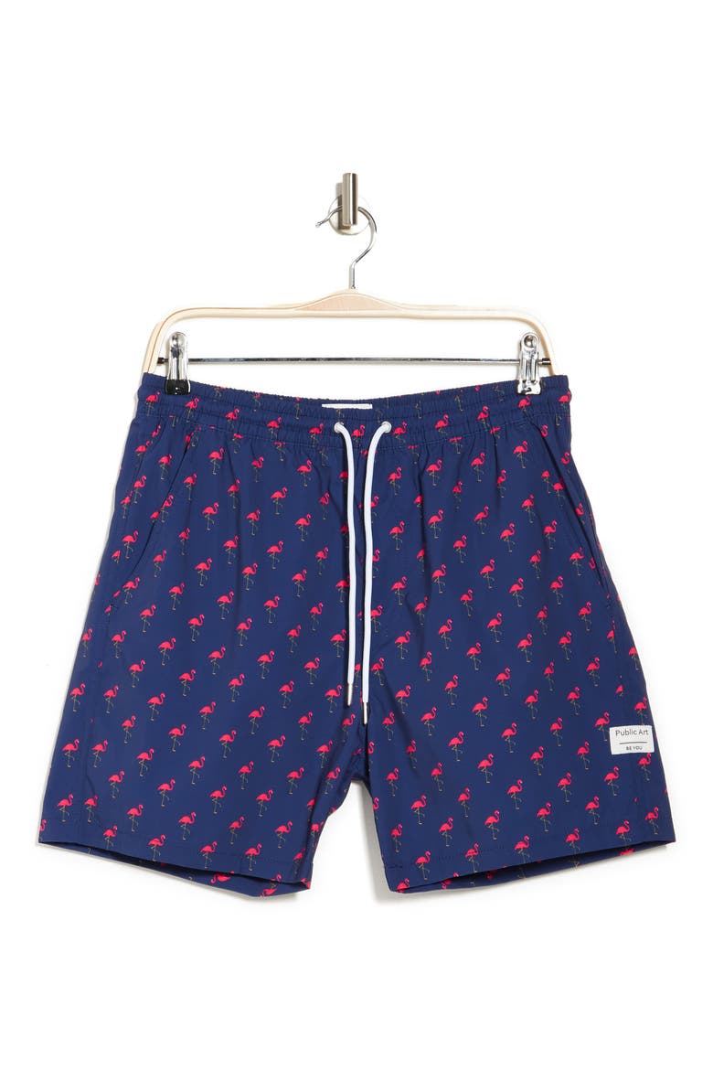 Flamingo Party Patterned Board Shorts, Alternate, color, NAVY