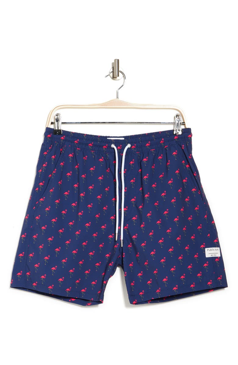 Public Art Flamingo Party Patterned Board Shorts, Alternate, color, Navy