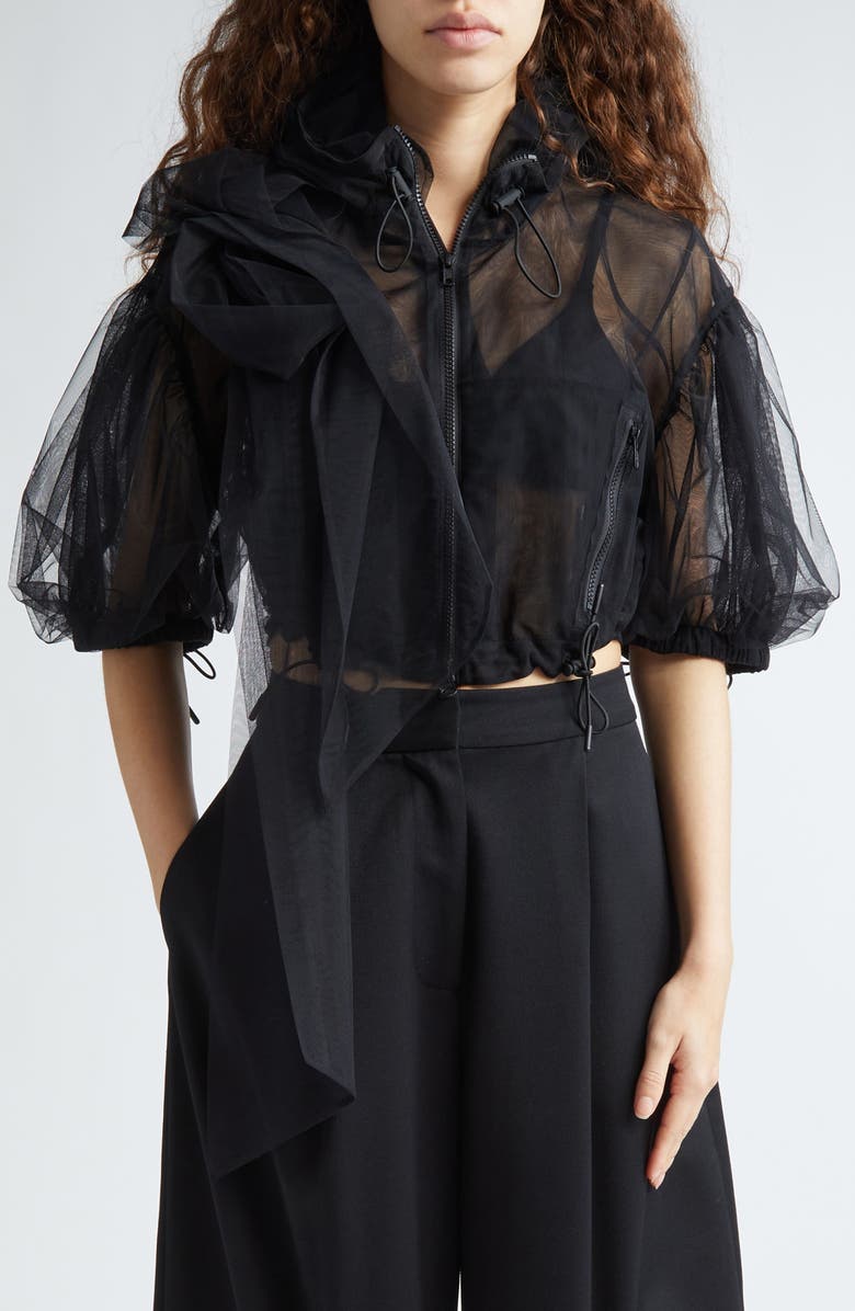 Simone Rocha Bow Cascade Ruffle Crop Puff Sleeve Jacket, Main, color, 