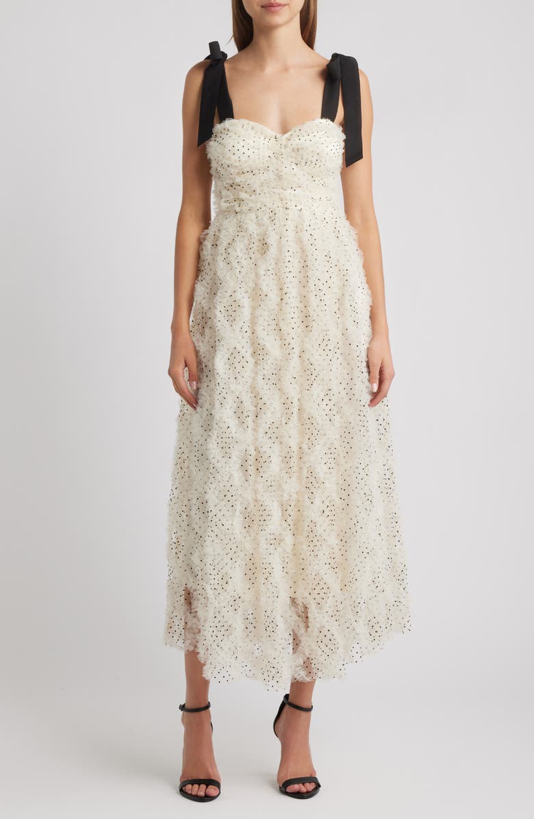MOON RIVER Tulle Corset Bodice Midi Dress, Main, color, Cream Black
