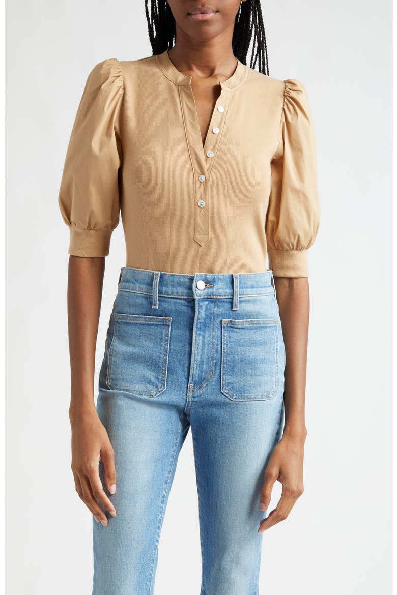 Coralee Puff Sleeve Stretch Cotton Henley Top, Main, color, KHAKI