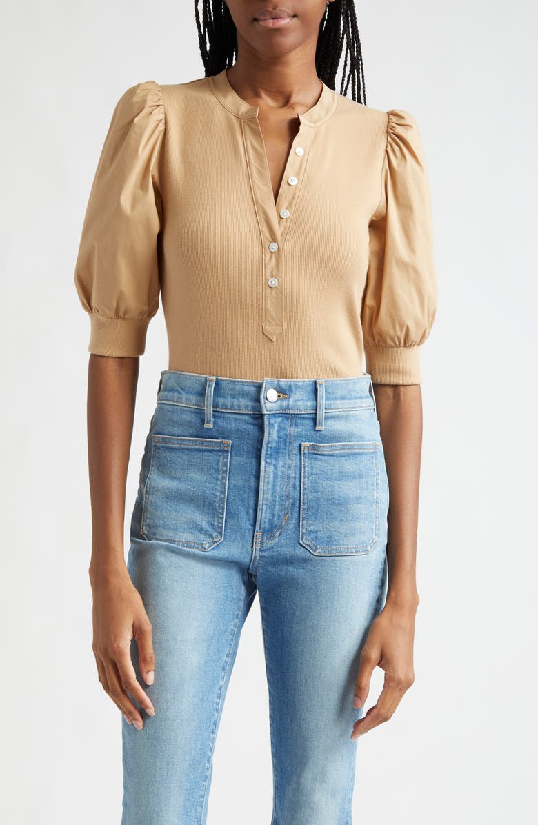 Veronica Beard Coralee Puff Sleeve Stretch Cotton Henley Top, Main, color, 