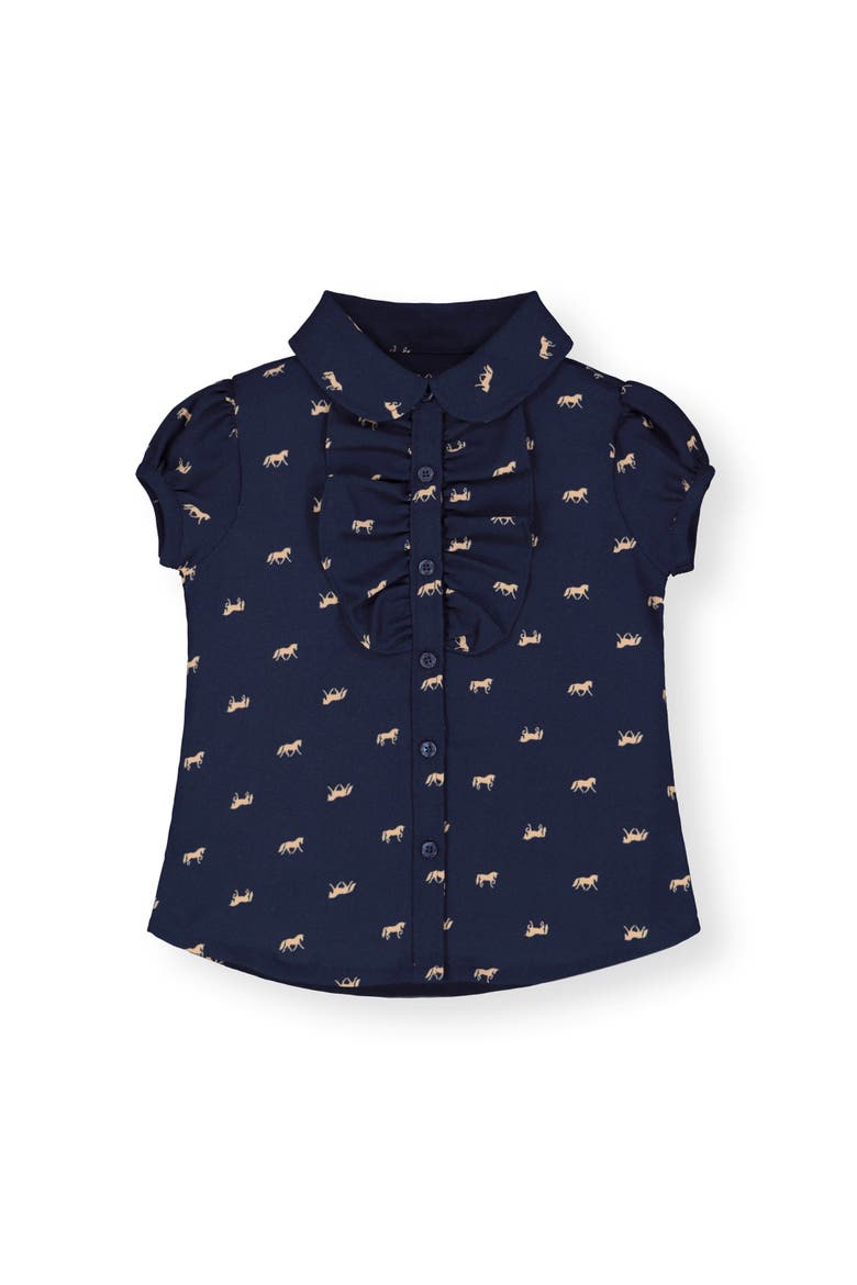 Baby Girls' Ruffle Front Shirt with Puff Sleeves, Infant, Main, color, Navy with Tan Horse Print