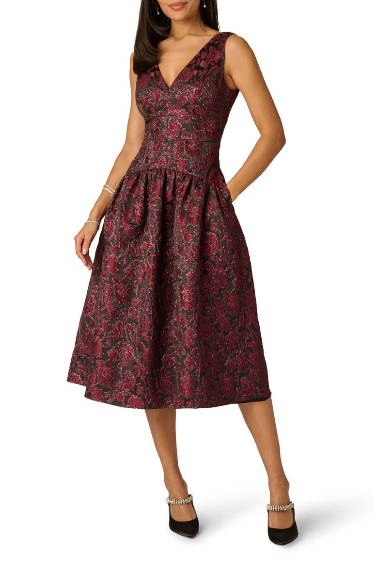 Floral Metallic Jacquard Midi Dress, Main, color, BURGUNDY