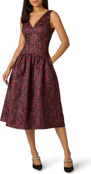 Adrianna Papell Floral Metallic Jacquard Midi Dress