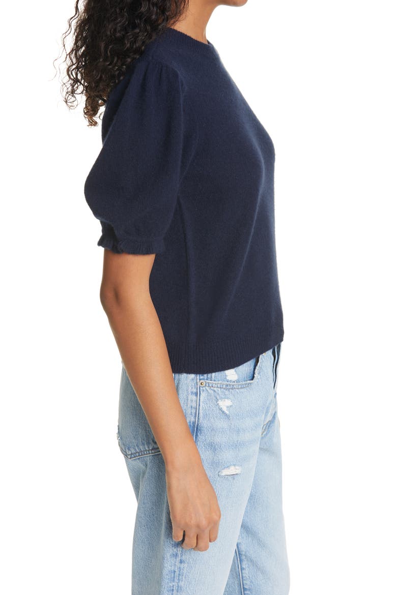 Ruffle Puff Sleeve Recycled Cashmere Sweater, Alternate, color, NAVY