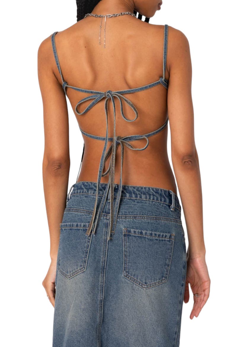 Lassy Tie Back Denim Bralette, Alternate, color, BLUE-WASHED