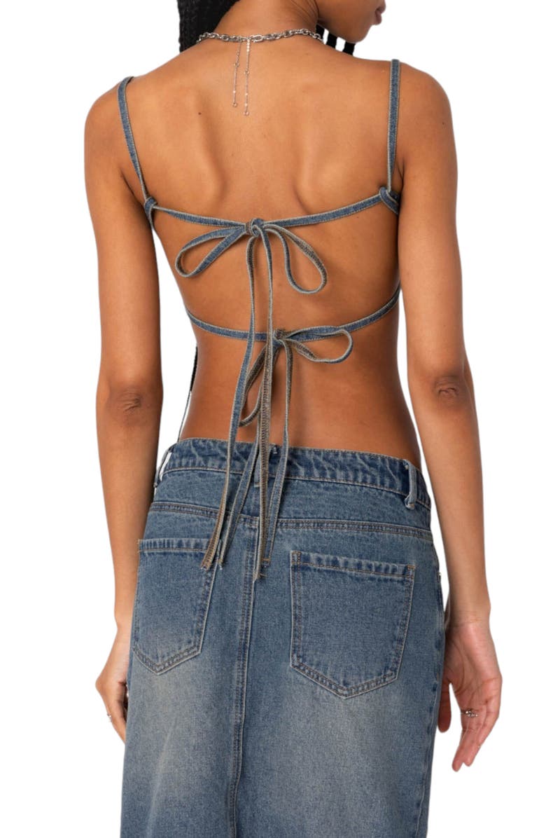 EDIKTED Lassy Tie Back Denim Bralette, Alternate, color, Blue-Washed
