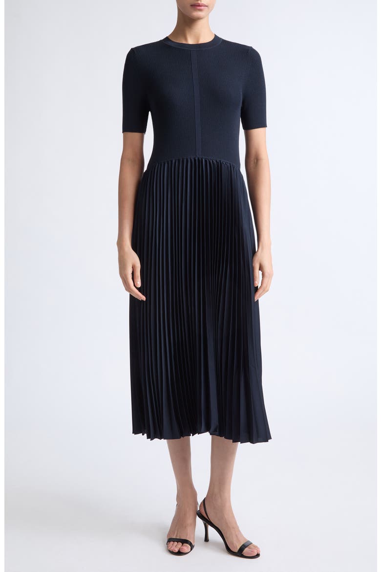 Fadridi Short Sleeve Mixed Media Midi Dress, Main, color, DK BU