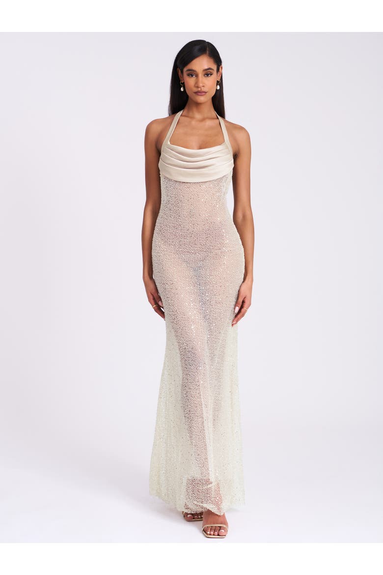 Zahya Halter Backless Beaded Mesh Gown, Main, color, Lime Green