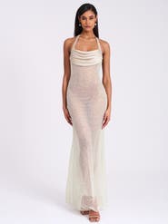 Miss Circle Zahya Halter Backless Beaded Mesh Gown