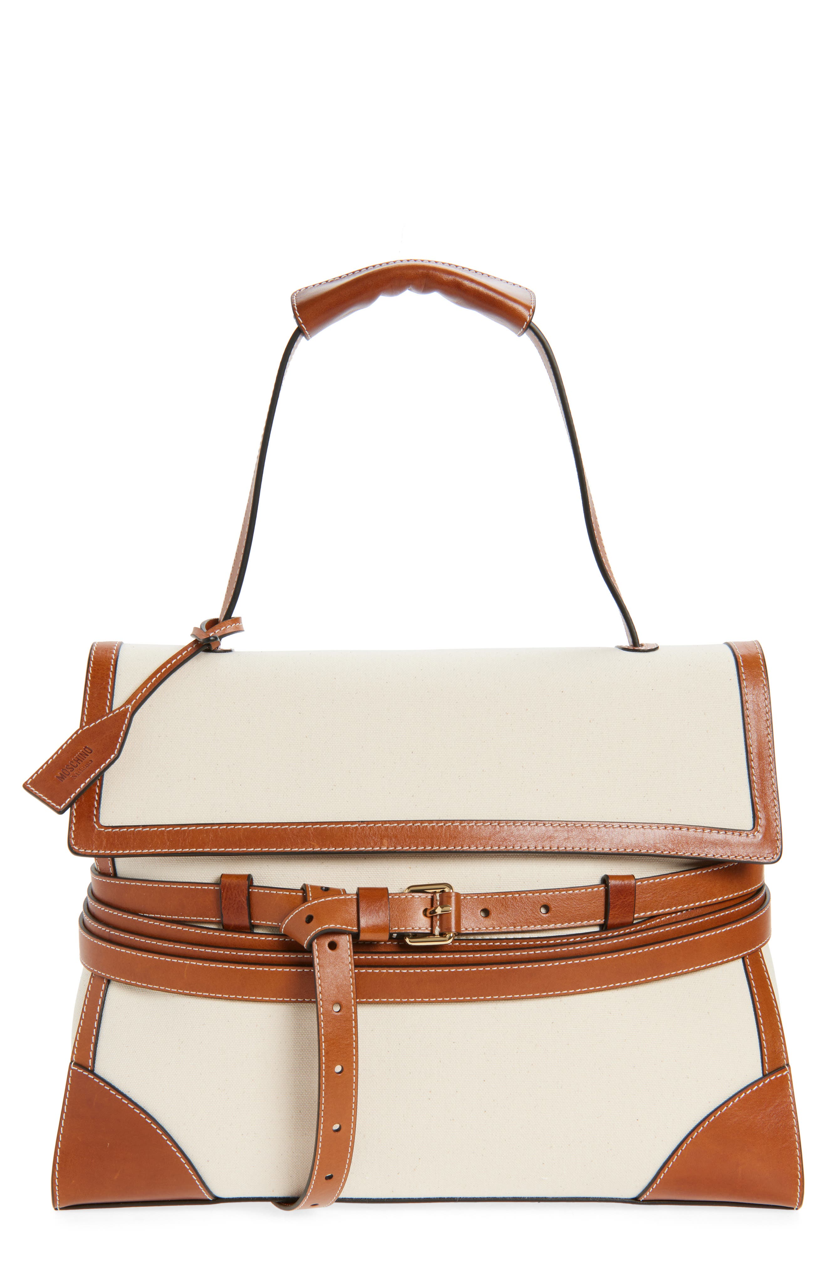 Moschino Medium Tie Me Canvas & Leather Shoulder Bag, Main, color, Natural/ Hide