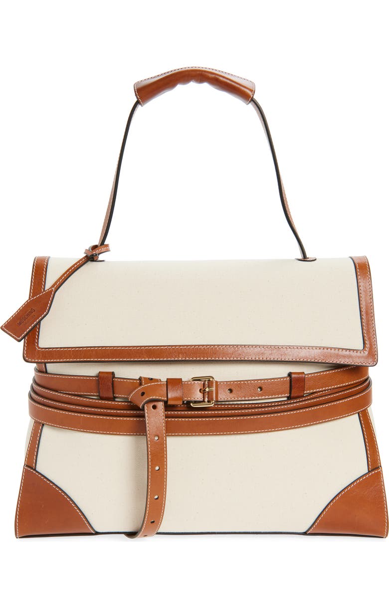 Moschino Medium Tie Me Canvas & Leather Shoulder Bag, Main, color, Natural/ Hide