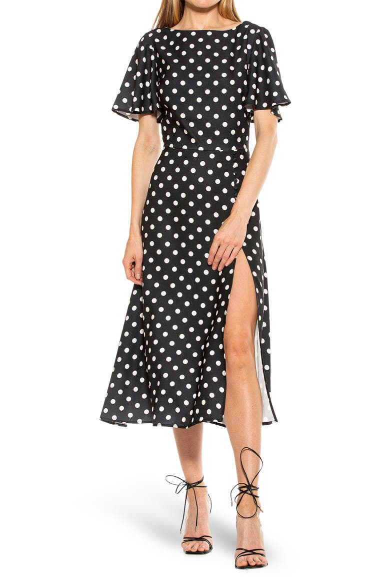 Boatneck Flutter Sleeve Fit N Flare Dress, Main, color, BLK/ WHT POLKA DOTS