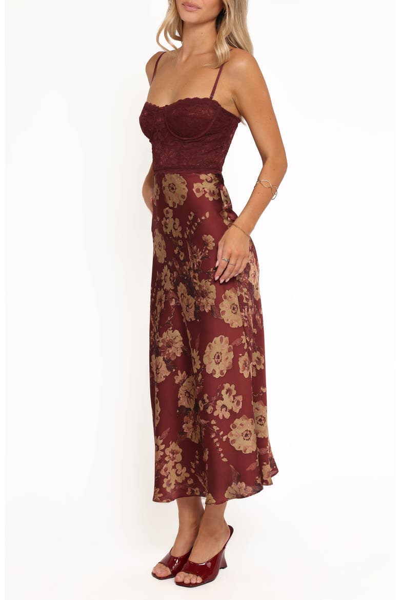 Shakira Mixed Media Floral Midi Dress, Alternate, color, BRONZED MERLOT