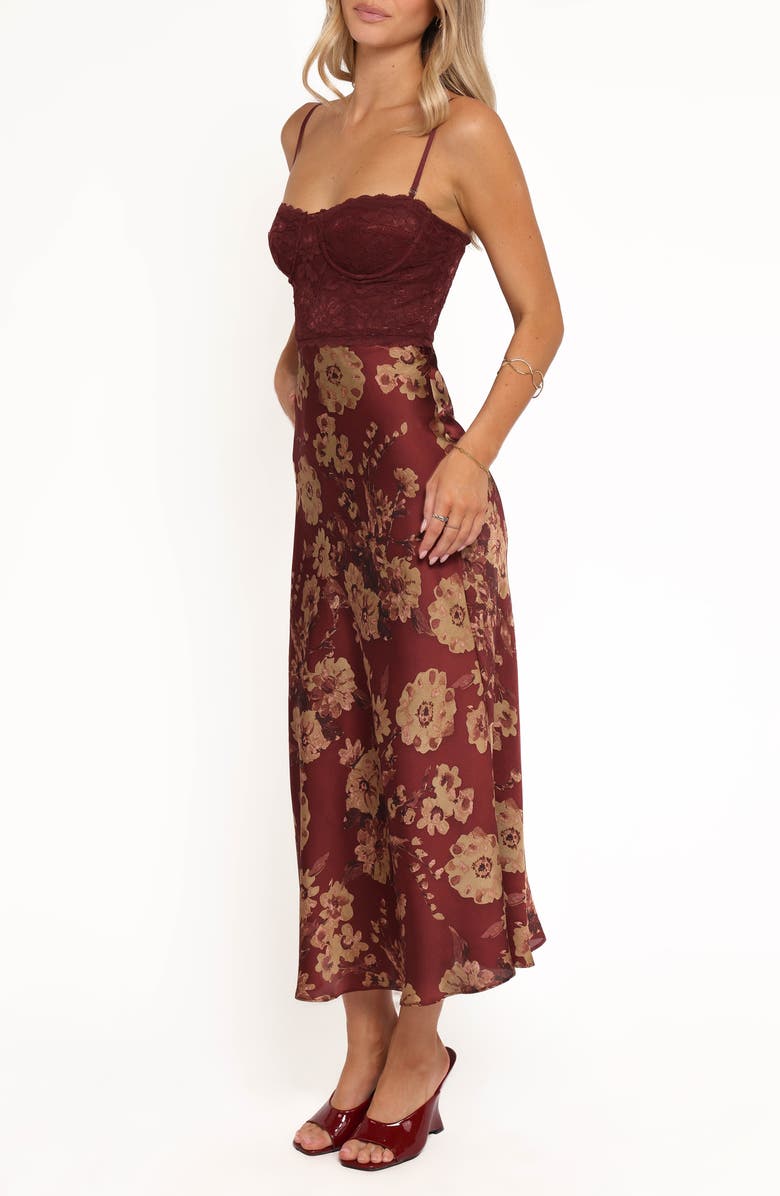 Petal & Pup Shakira Mixed Media Floral Midi Dress, Alternate, color, Bronzed Merlot