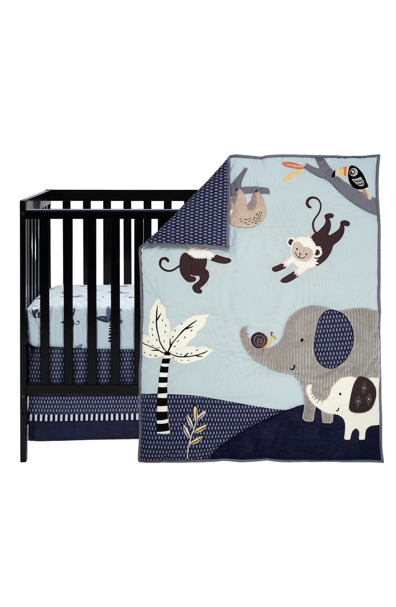 Lambs & Ivy Jungle Party 3-Piece Elephant/Monkey Baby Crib Bedding Set, Main, color, Blue
