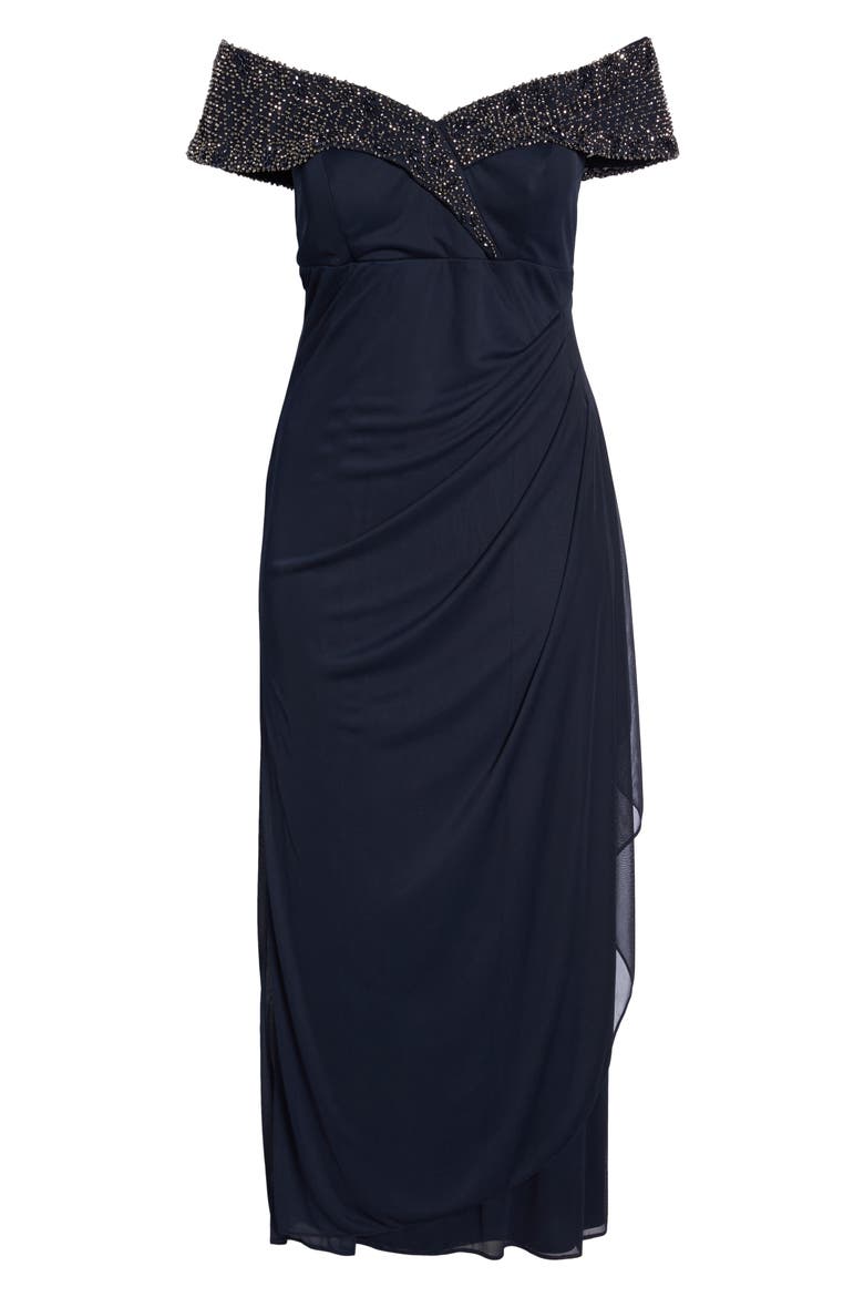 Xscape Beaded Off the Shoulder Column Gown, Alternate, color, NAVY/ GUNMETAL