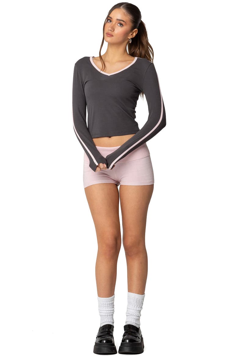 Contrast V-Neck Long Sleeve Crop T-Shirt, Alternate, color, DARK-GRAY