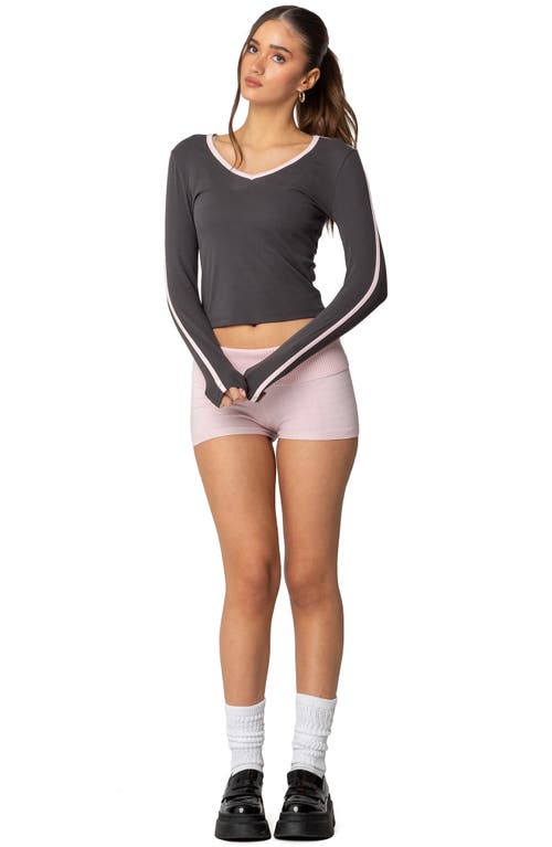 Shop Edikted Contrast V-neck Long Sleeve Crop T-shirt In Dark-gray