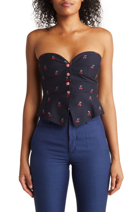 Cherry Embroidered Wool Blend Tube Top
