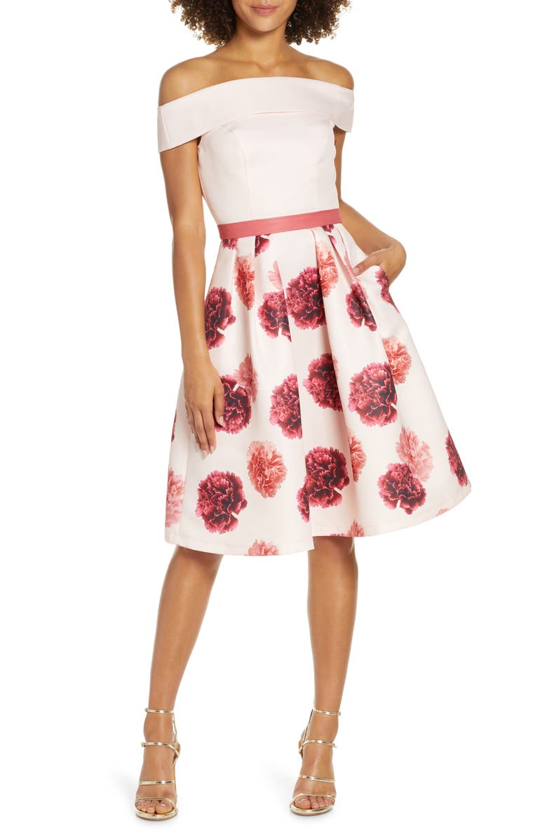 Chi Chi London Floral Off the Shoulder Fit & Flare Dress, Main, color, Pink