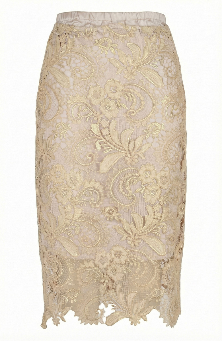 Modenaire Floral Pattern Scalloped Hem Lace Skirt, Alternate, color, Gold Finish