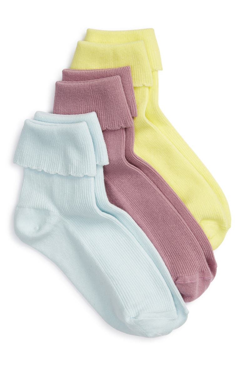 3-Pack Scalloped Ankle Socks, Main, color, BLUE GLOW MULTI