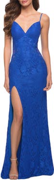 La Femme Sleek Lace Long Dress with Sheer Sides and Open Back