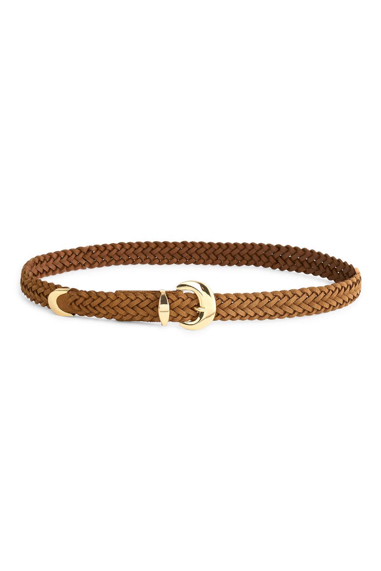 Domed Buckle Woven Suede Belt, Main, color, AGED COGNAC
