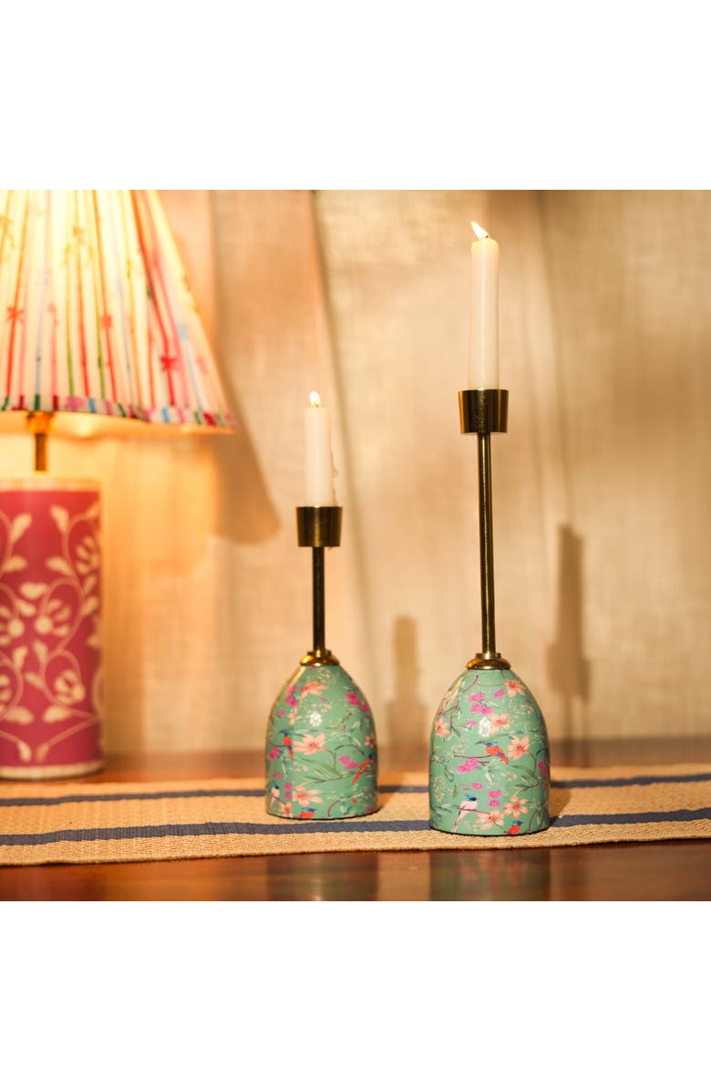 Mela Artisans Aqua Flora Tapered Candleholders, Alternate, color, Aqua Flora