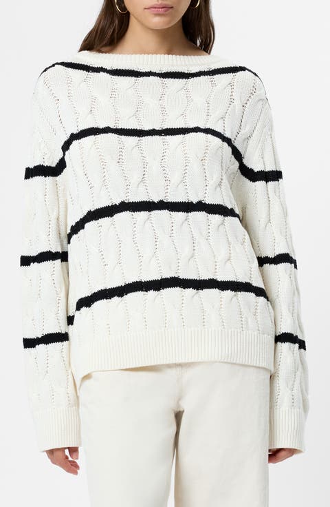 Mozart Stripe Cable Stitch Cotton Boat Neck Sweater