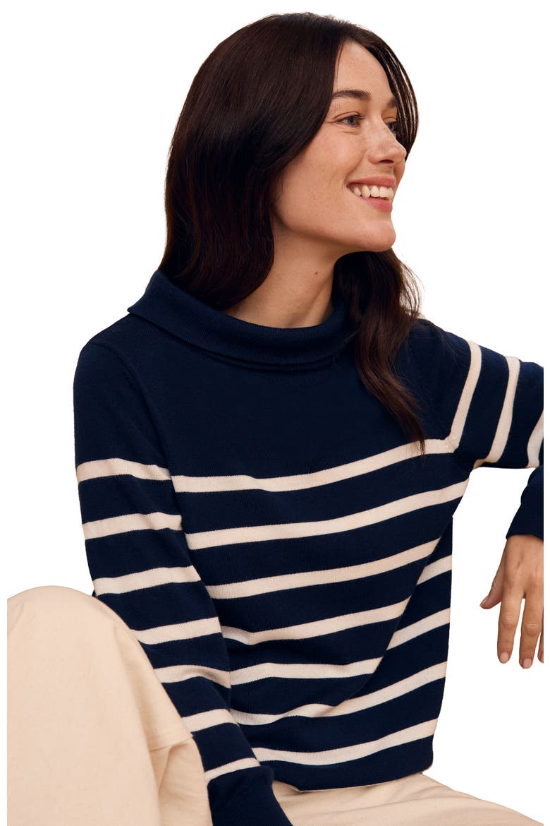 Fine Knit Merino Collard Sweater, Alternate, color, Navy / Ecru Stripe