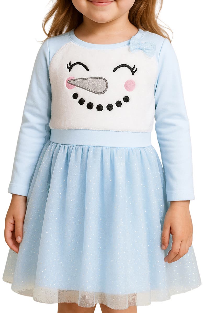 Zunie Kids' Snowman Embroidered Long Sleeve Plissé Dress, Alternate, color, Ivory/ Blue