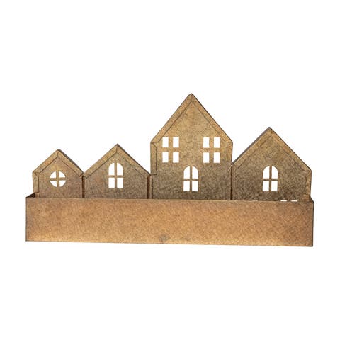 Textured Metal House Shaped Container, Gold Finish